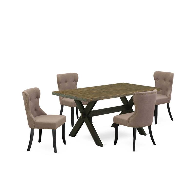 HomeStock 5-Piece Rectangle Distressed Jacobean Finish Solid Wood Top Dining Table with 4 Parson Chair