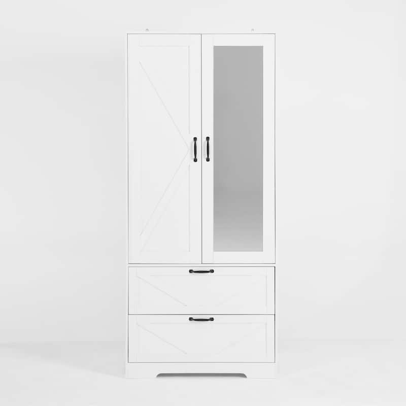 2 Door Wood Wardrobe with Hanging Clothing Rod inside the Cabinet and 2 Drawers, Multifunctional Closet with Mirror