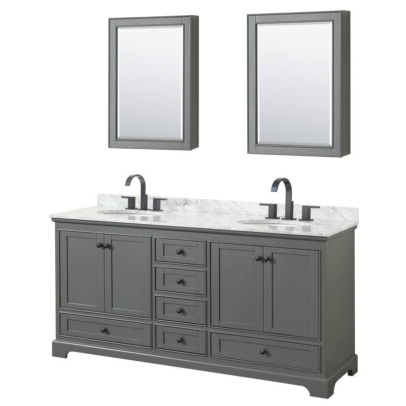 Wyndham Collection Deborah 72" Free Standing Double Vanity Set with - Dark Gray / White Carrara Marble Top / Matte Black