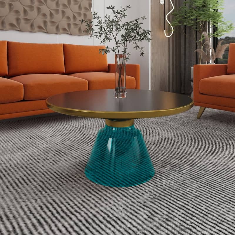 Tully Modern Round Glass/Stone Coffee Table with Brushed Gold Iron Rim Frame Glass Pedestal Base Fully Assembled