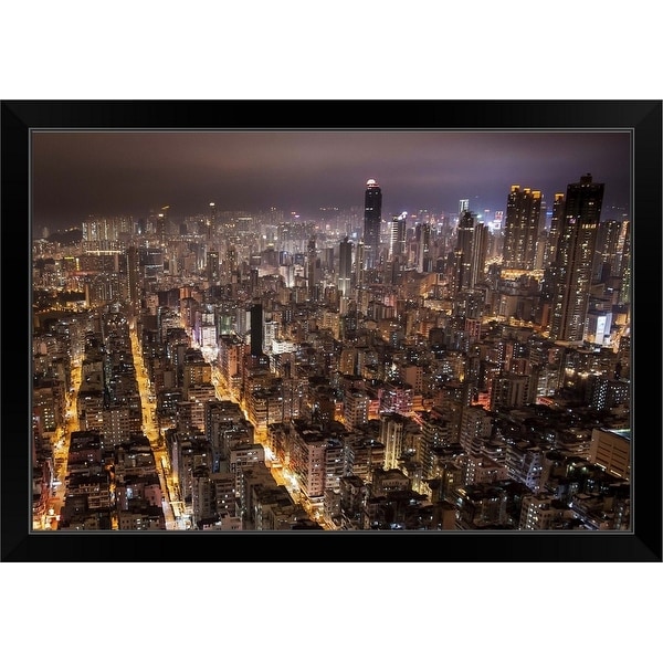 "Night view of Kowloon, Hong Kong." Black Framed Print