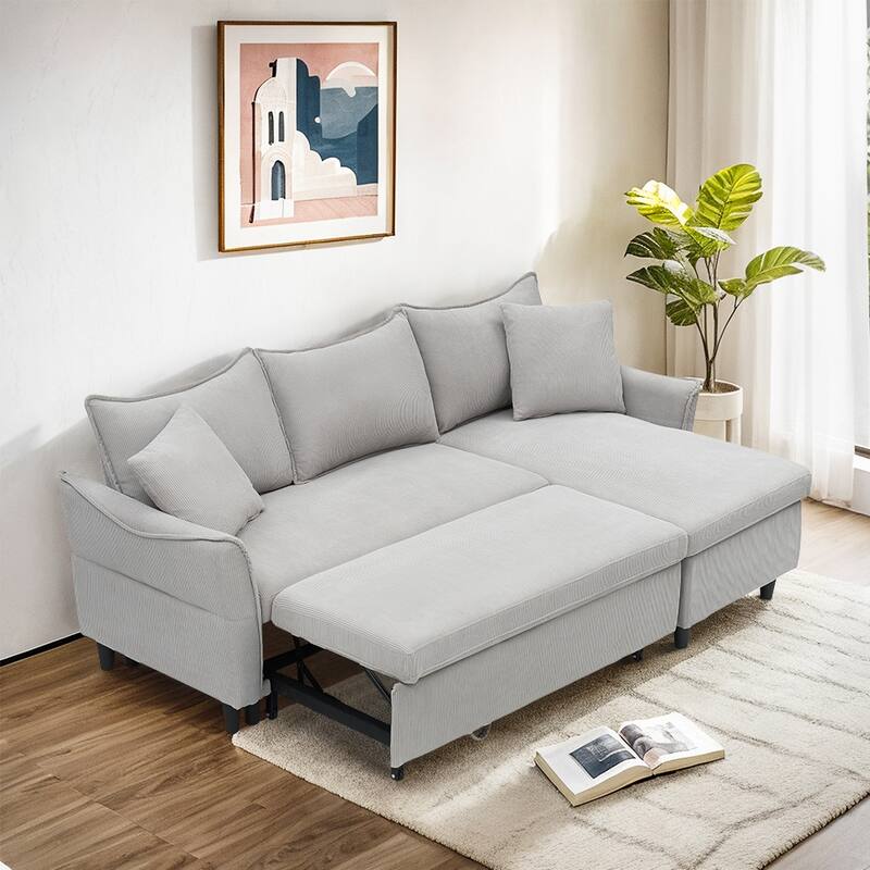 80-inch Gray Corduroy L-Shape Convertible Sofa Bed, Storage, 2 Pillows