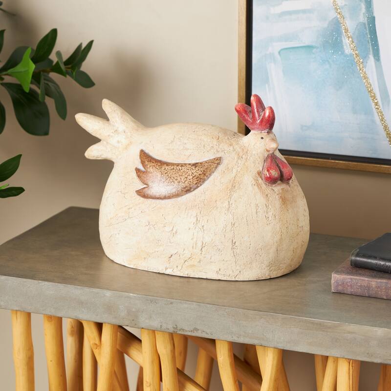 Magnesium Oxide Rooster Sitting Garden Sculpture with Brown and Red Accents - Cream - Roche River Decor