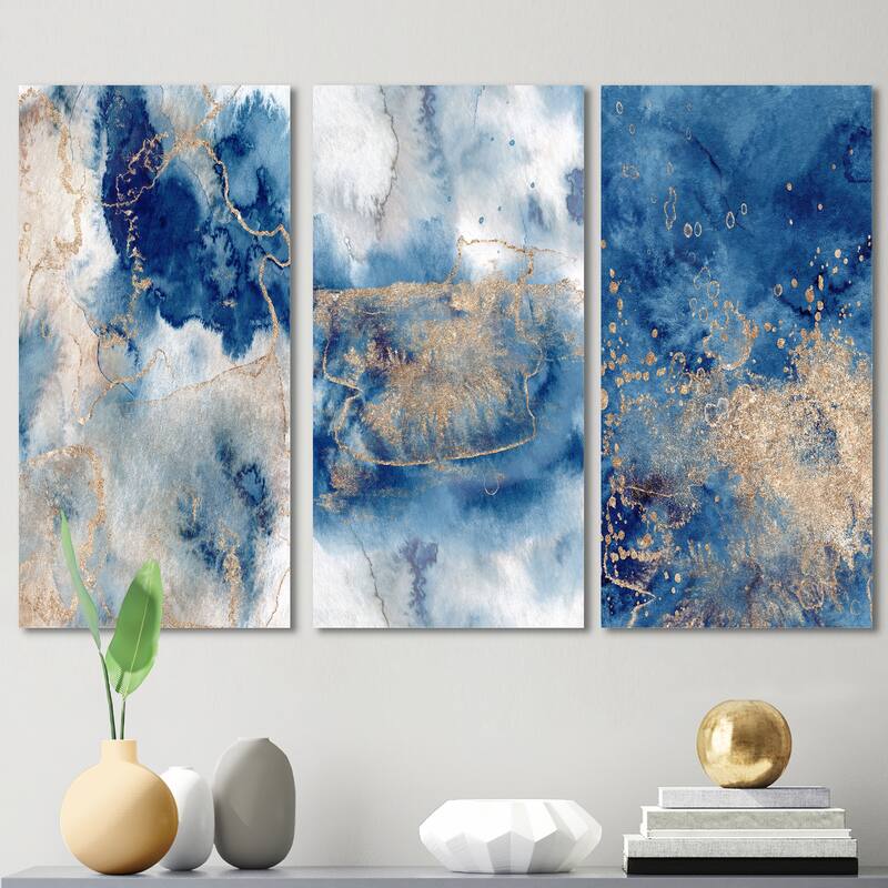 Designart 'Blue And Gold Marble Clouds III' Modern Art Set of 3 Pieces