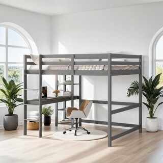 Elegant Study Full Loft Bed with built-in desk, Space-saving, Grey