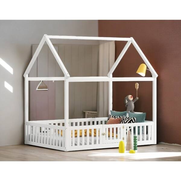 slide 2 of 9, Wood Full Size Floor Bed House Bed with Fence and Door for Toddler, Kids Full White
