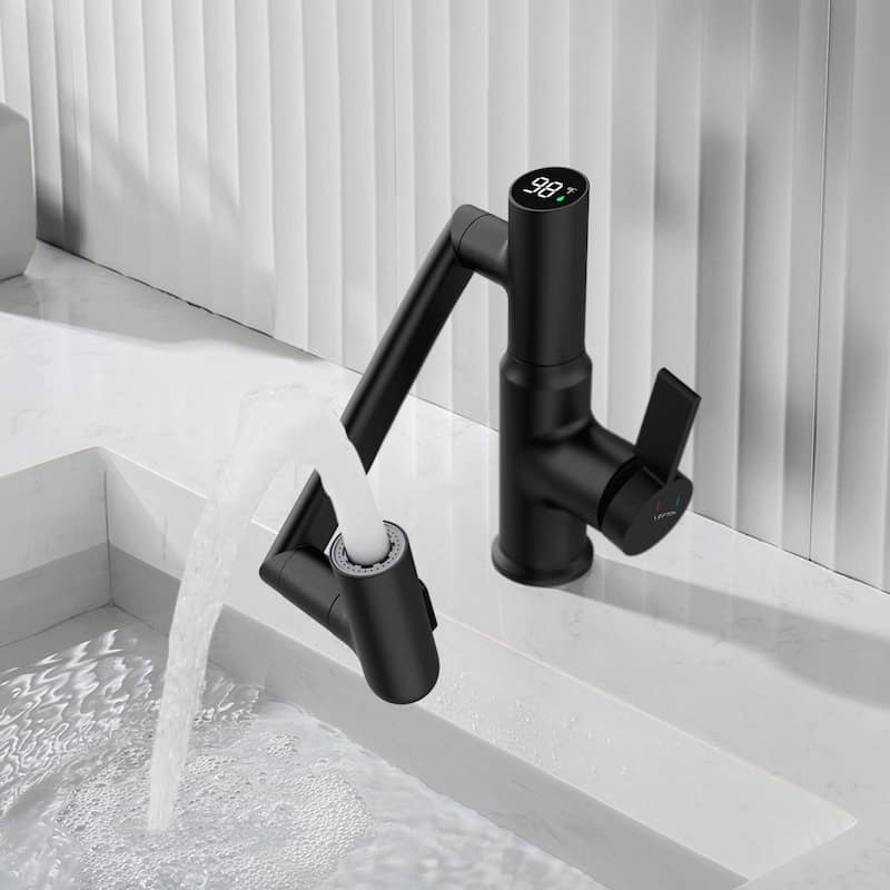 Lefton Rotatable Bathroom Faucet with Temperature Display in Fahrenheit (Batteries-Free), BF2204 - Matte Black