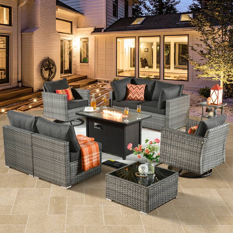 HOOOWOOO 9-piece Grey Rattan Outdoor Furniture Fire Pit Set with Swivel Chairs - Black