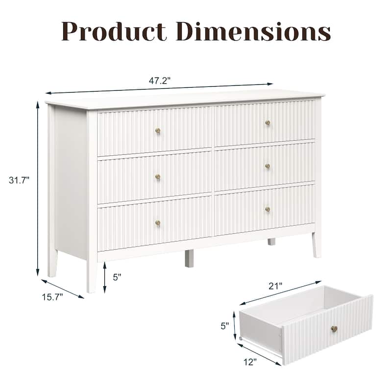 6 Drawer Dresser Fluted Modern with 5 Colors Available | High Weight Capacity Wood Dresser for Bedroom