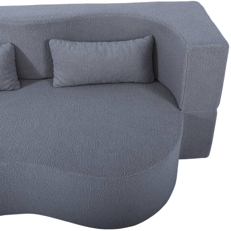 2-in-1 Convertible Loveseat Sofa Bed, Full Size Floor Bed Mattress, Folding Teddy Fabric Futon Couch with 2 Pillows