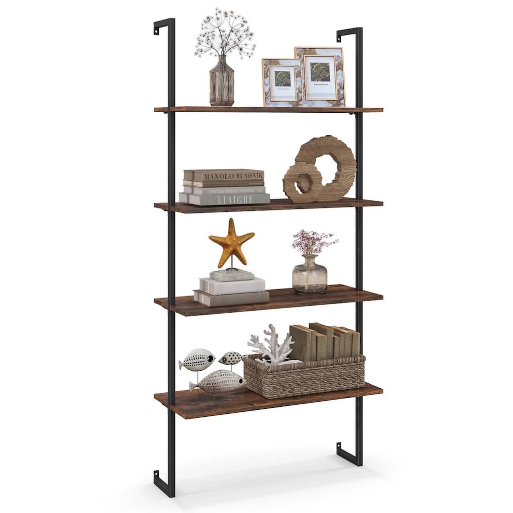 Costway 4-Tier Ladder Shelf Bookshelf Industrial Wall Shelf w/Metal - 30'' x 12'' x 64''