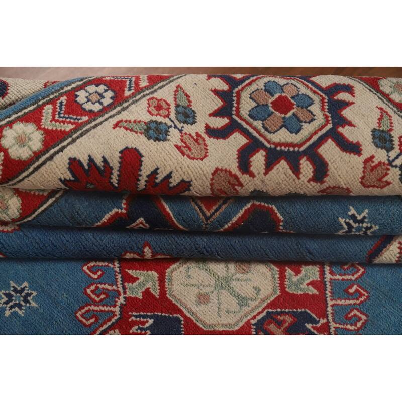 Light Blue Kazak Oriental Area Rug Hand-Knotted Geometric Wool Carpet - 8'4"x 11'2"