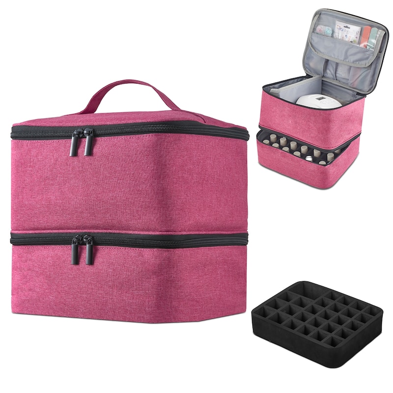 Double-Layer Nail Polish Organizer Bag, Holds 27 Bottles, Nail Tools & Dryer Storage Case with Adjustable Dividers - Pink