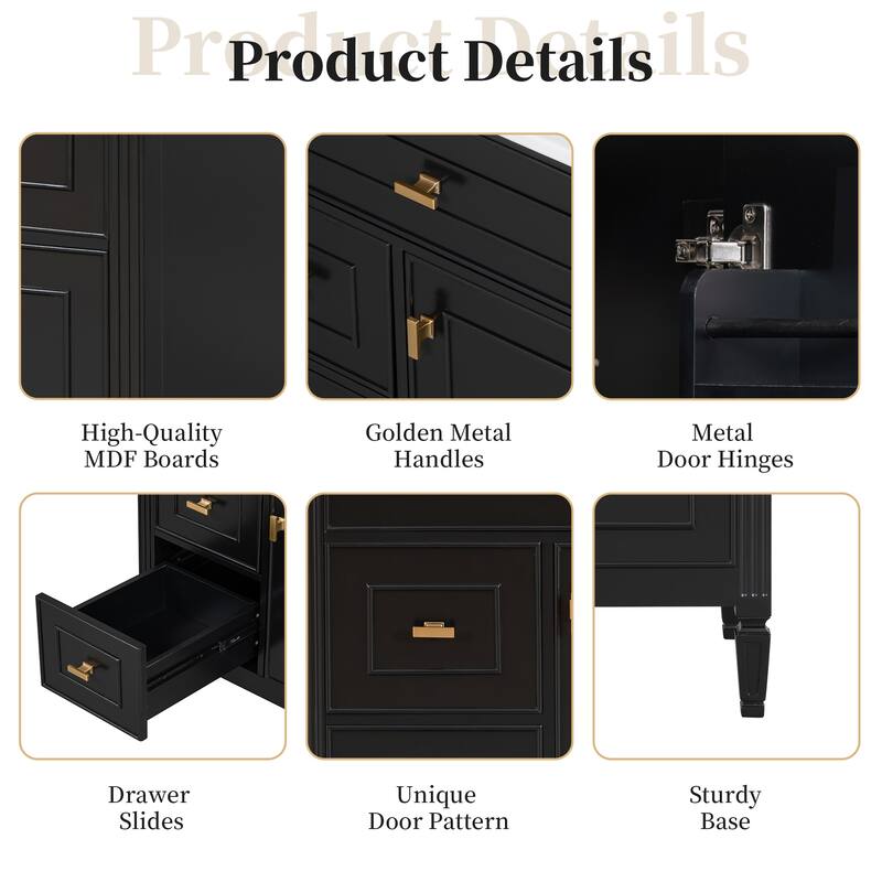 Roomfitters 30" Bathroom Vanity with Ceramic Sink, Solid Wood Frame with Flip Drawer, 2 Side Drawers & Adjustable Shelf