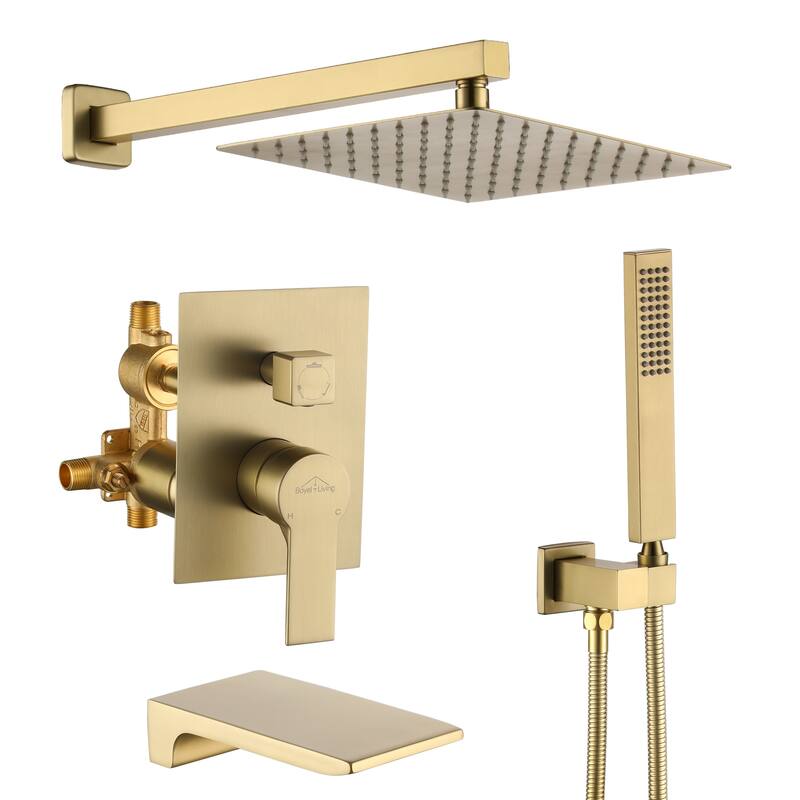 Wall Mount Shower Faucet and Tub Faucet with 10 inch Fixed Shower Head - 10" - Brushed Gold