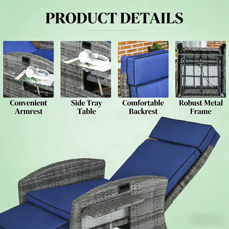 GDFStudio Outdoor Isolde PE Wicker Recliner Chair with Cushioned Comfort and Side Tray