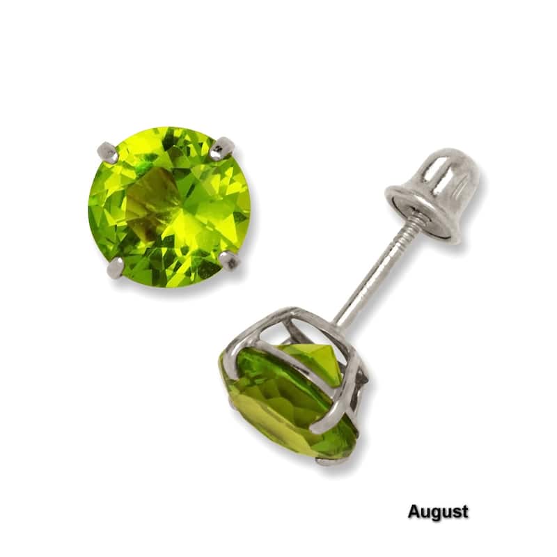 14K White Gold 6mm Round Cubic Zircornia Birthstone Basket-Set Solitaire Screw-back Stud Earrings (12 colors)
