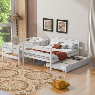 Wooden Twin over Full Bunk Bed with Twin Trundle and Ladder,Rustic Style