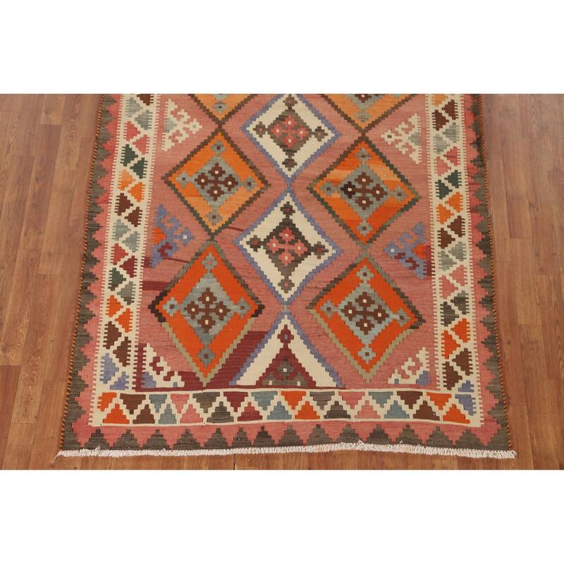 Geometric Kilim Shiraz Persian Vintage Area Rug Hand-Woven Wool Carpet - 5'0" x 9'1"
