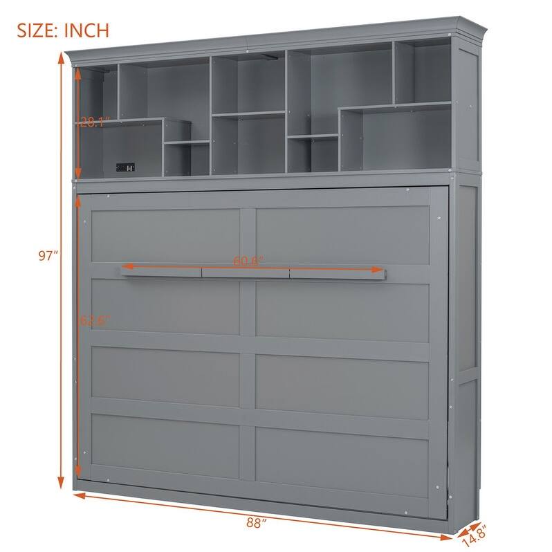 Queen Size Murphy Bed Wall Bed with Top Storage Shelves, Luxurious Foldable Storage Bed Frame with Charging Station