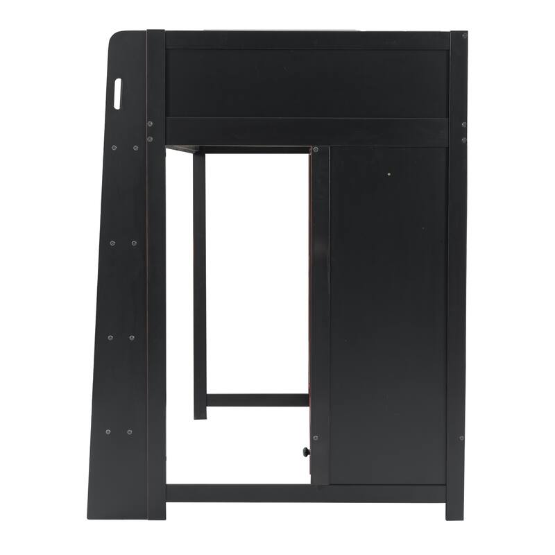 Wood Twin Size Gaming Loft Bed With Built-In Desk, Wardrobe, LED And A Drawer
