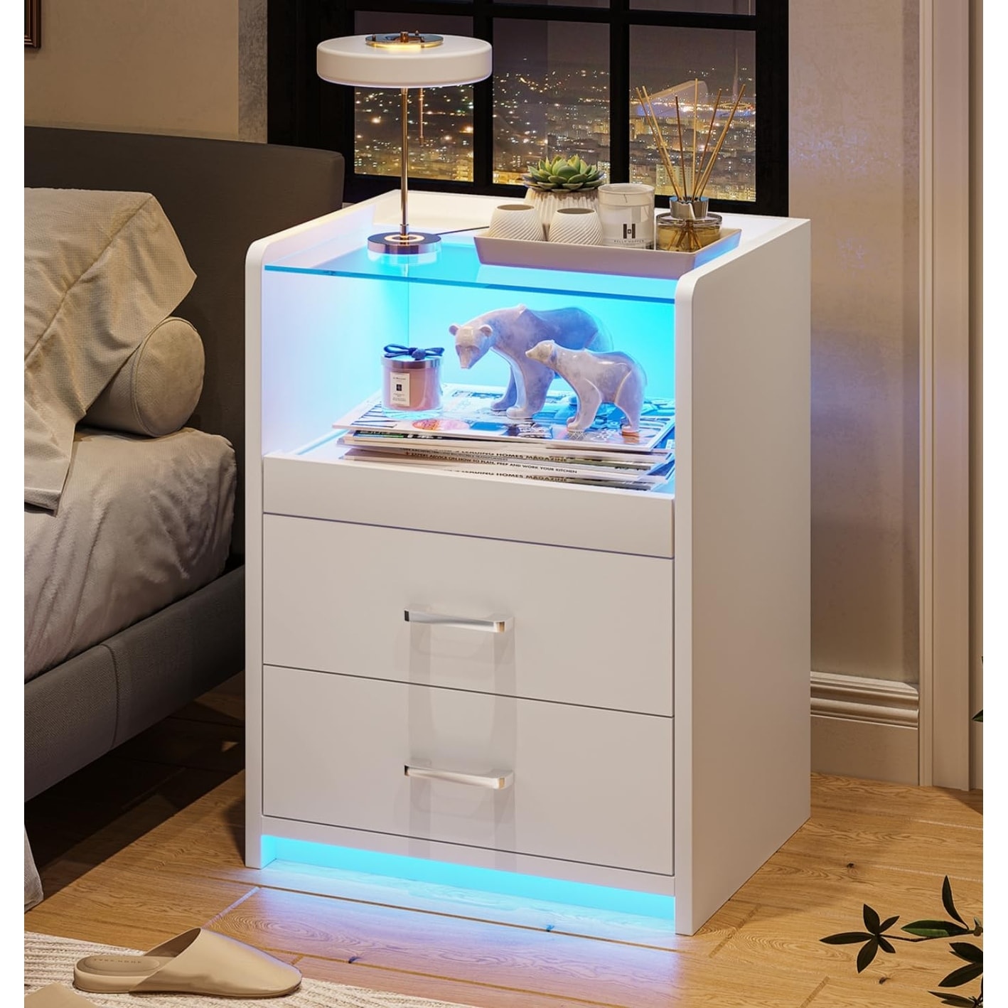 Modern LED Nightstand with Charging Station, RGB Lights, 2 Drawers & Tempered Glass Top