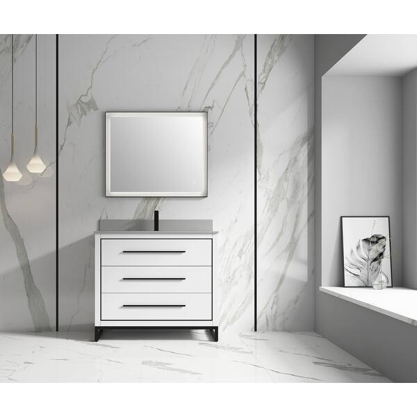 Alma Kathyia 40 Free Standing Vanity Gray Stone Top With Porcelain Sink Matt Black Hardware Overstock 31994747 This distressed gray vanity accents the shabby chic bathroom, while a mirror above the sink reflects a large window looking out into the backyard. usd