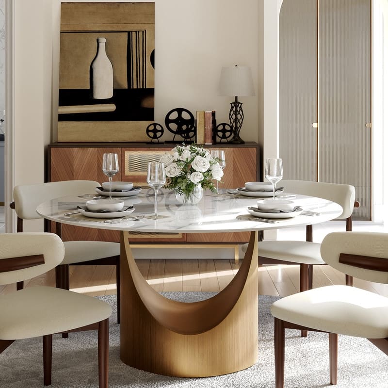 Modern Round Dining Table for Diningroom，White Glossy Stone Tabletop,Bronze Carbon Pedestal