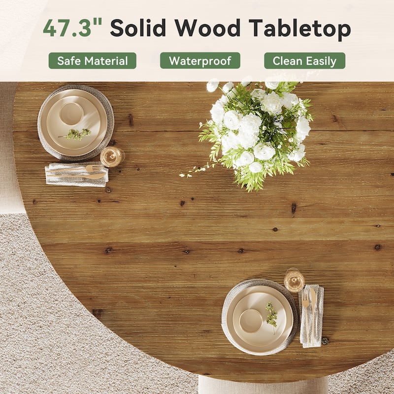 47" Solid Wood Dining Table, Farmhouse Round Kitchen Table for 4-6