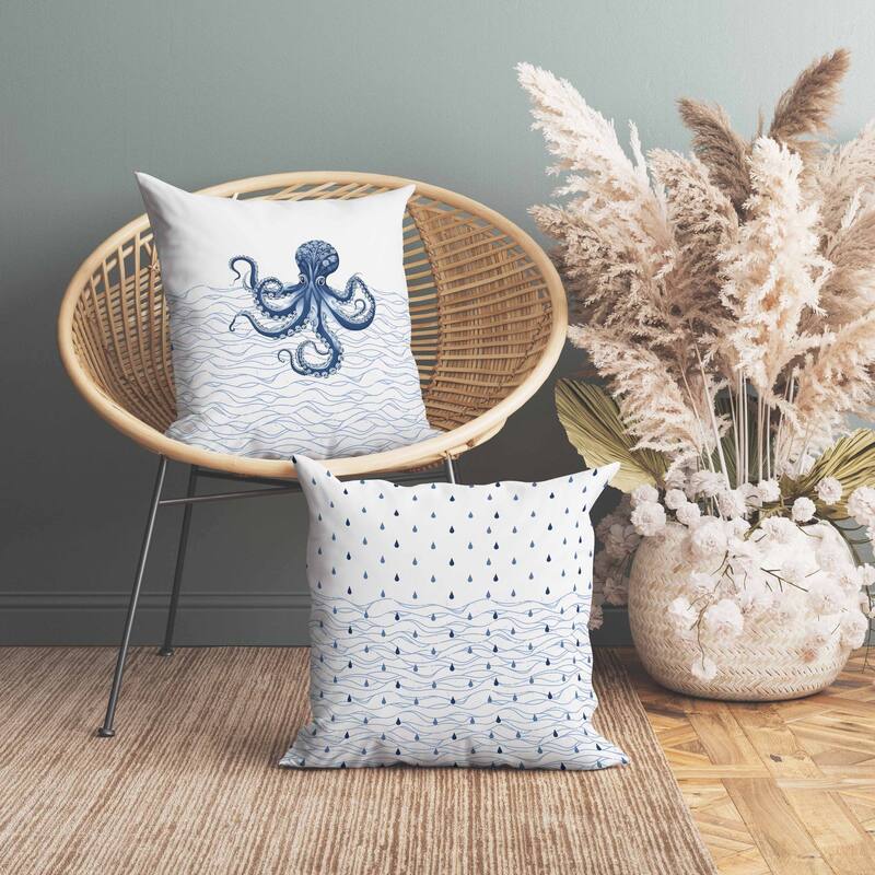 Oceanic Octo Art Faux Suede Reversible Throw Pillow White and Blue