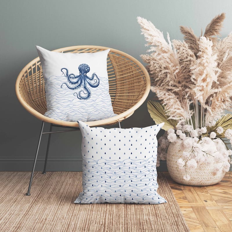 Oceanic Octo Art Indoor/Outdoor Reversible Throw Pillow White and Blue