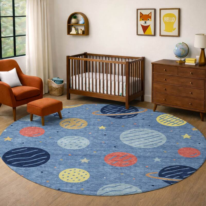 Machine Washable Indoor/ Outdoor Modern Planets Chantille Rug
