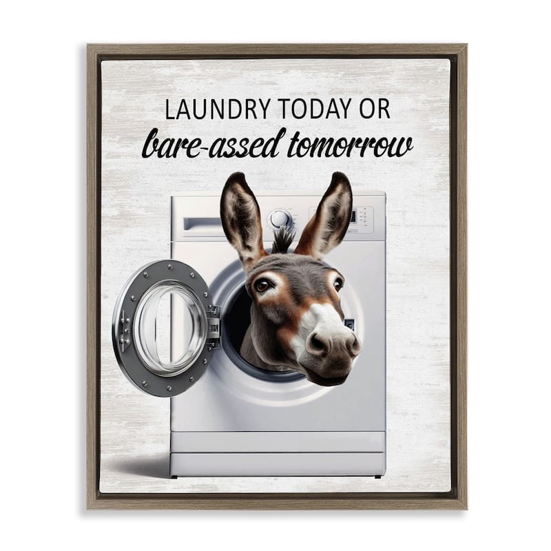 Stupell Sassy Laundry Donkey Pun Framed Floater Canvas Wall Art Design By Lettered and Lined - 17 x 21 - Brown