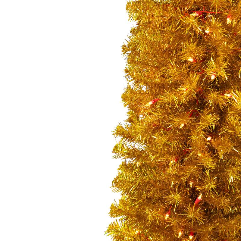 Pre-Lit Pencil Tinsel Artificial Christmas Tree - 6' - Gold - Clear Lights - Red Wire - 6 Foot
