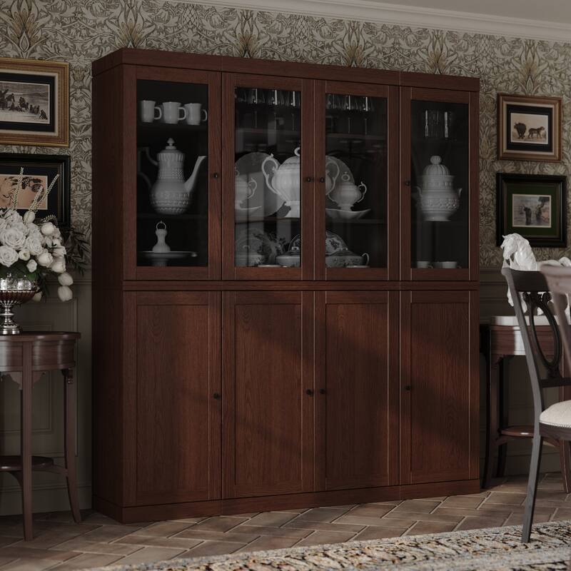 Palace Imports 100% Solid European Oak Hardwood Modular China Cabinet with Shaker and Tinted Glass Doors - 64" Wide, 71.5" Tall - Rich-Cherry-Oak