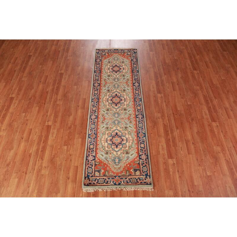 Light Green Heriz Serapi Oriental Runner Rug Handmade Wool Carpet - 2'6" x 7'10"