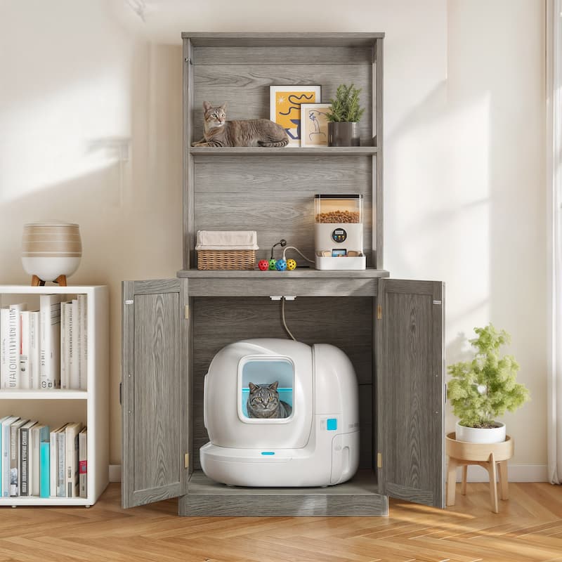 71" Tall Large Hidden Cat Litter Box Enclosure Furniture with Charging Station for Self-Cleaning Litter Boxes
