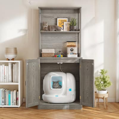 71" Tall Large Hidden Cat Litter Box Enclosure Furniture with Charging Station for Self-Cleaning Litter Boxes