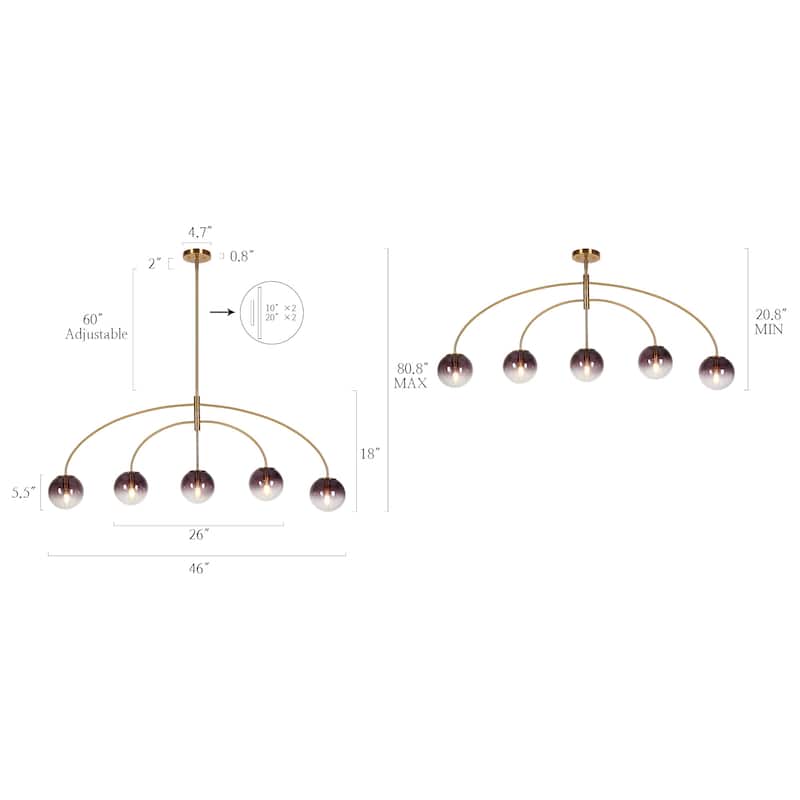 Modern Glam 5-Light Linear Branch Art Decor Chandelier with Smoked Purple Orb Glass - 46"W x 26"D x 20.8-80.8"H