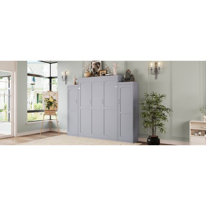 Space-Saving Queen Murphy Bed with Dual Wardrobes & Storage Shelf, Foldable Platform Bedframe for Guest Room or Bedroom, Gray
