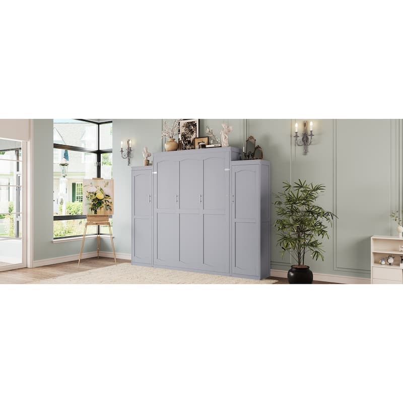 Wooden Queen Size Murphy Bed with 2 Wardrobe and Storage Shelf