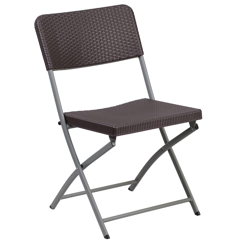 2 Pack Brown Faux Rattan Plastic Folding Chair with Gray Frame - Event Chair