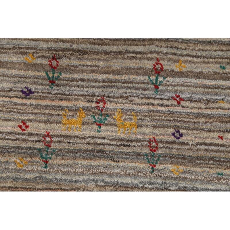 Striped Gabbeh Indian Area Rug Hand-Knotted Oriental Beige Wool Carpet - 4'11"x 7'11"