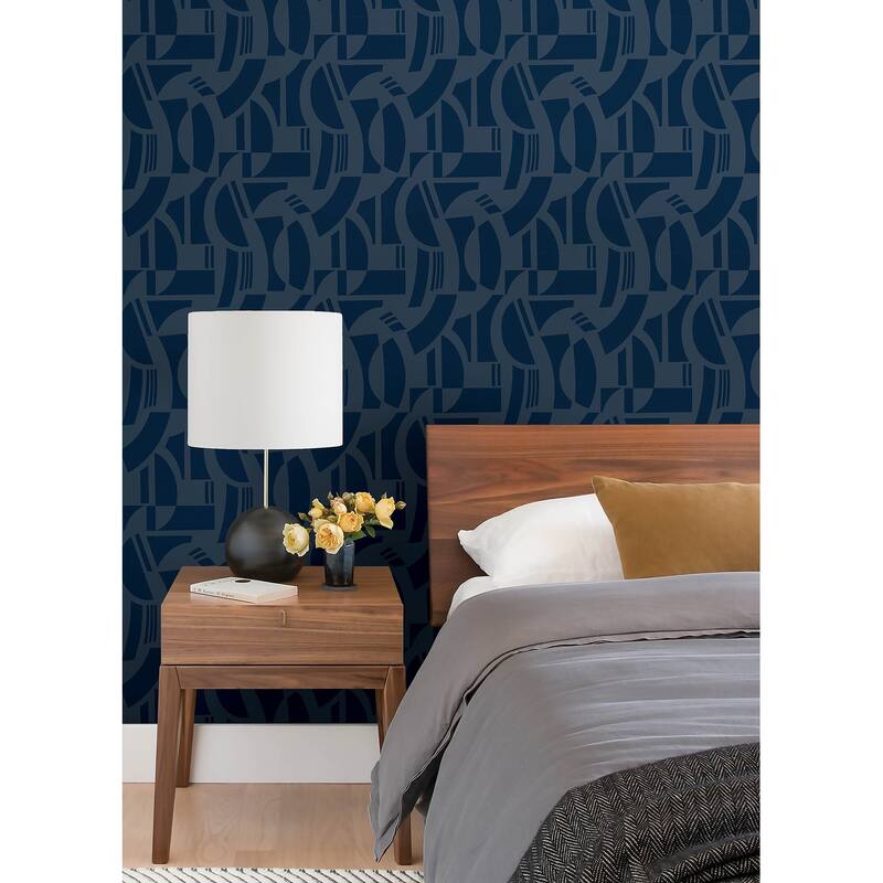 A-Street Prints Carter Indigo Geometric Flock Wallpaper