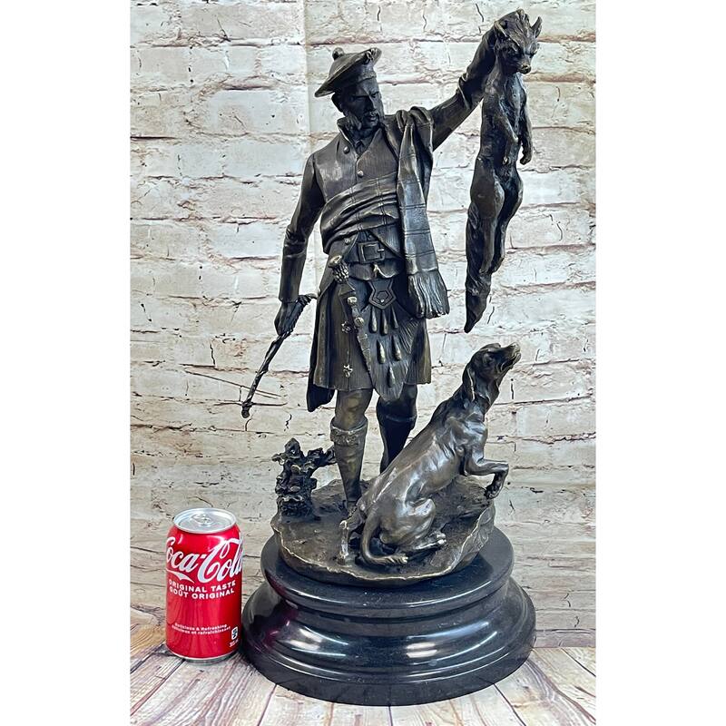Scottish Hunter W/ Imitative Dog Bronze Statue Sculpture Figure Marble Base Signed Original 22 Inches X 11.5 Inches