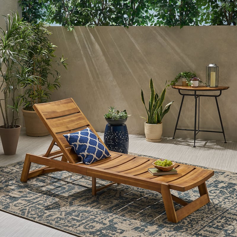 Acacia Wood Outdoor Chaise Lounge with Adjustable Backrest, Slat Design Single Chaise Patio Backyard Recliner Sun Lounger