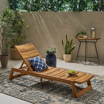 Maki Chaise Lounge Yellow Brown Acacia Wood Adjustable Outdoor Patio Furniture with Metal Frame 78in