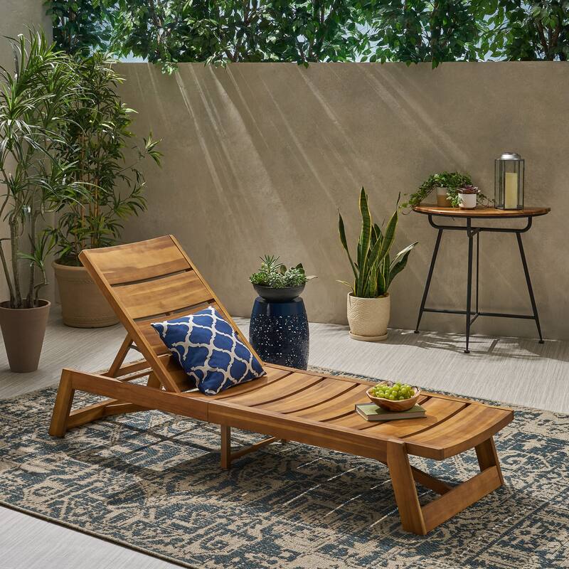 Outdoor Chaise Lounge Wood Single Recliner Chair With Adjustable Backrest for Poolside Patio Garden - Yellow Brown