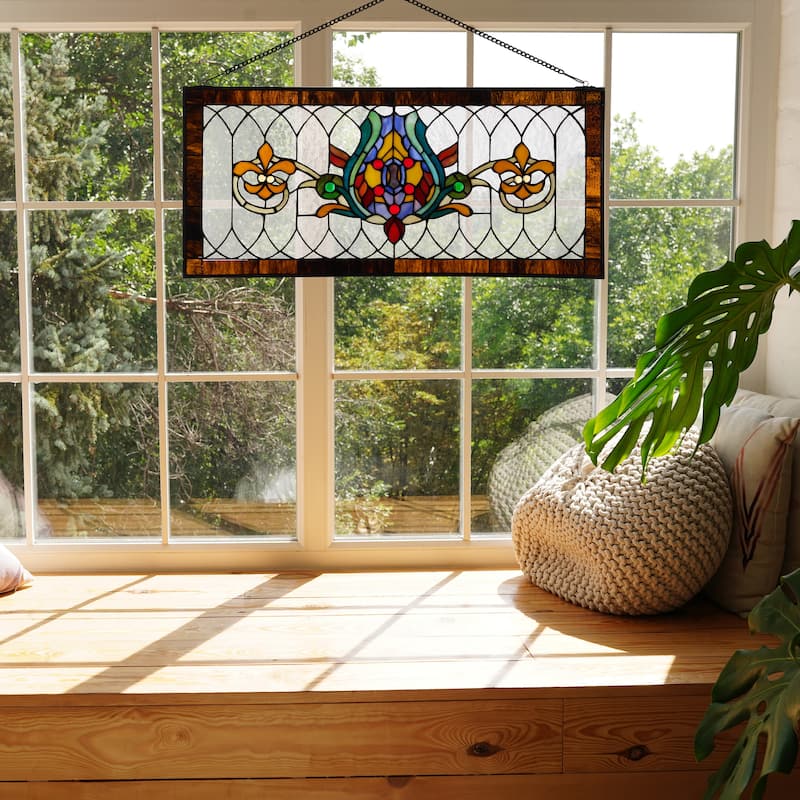 River of Goods Fleur De Lis Stained Glass Pub Window Panel - 30"L x 0.25"W x 14"H