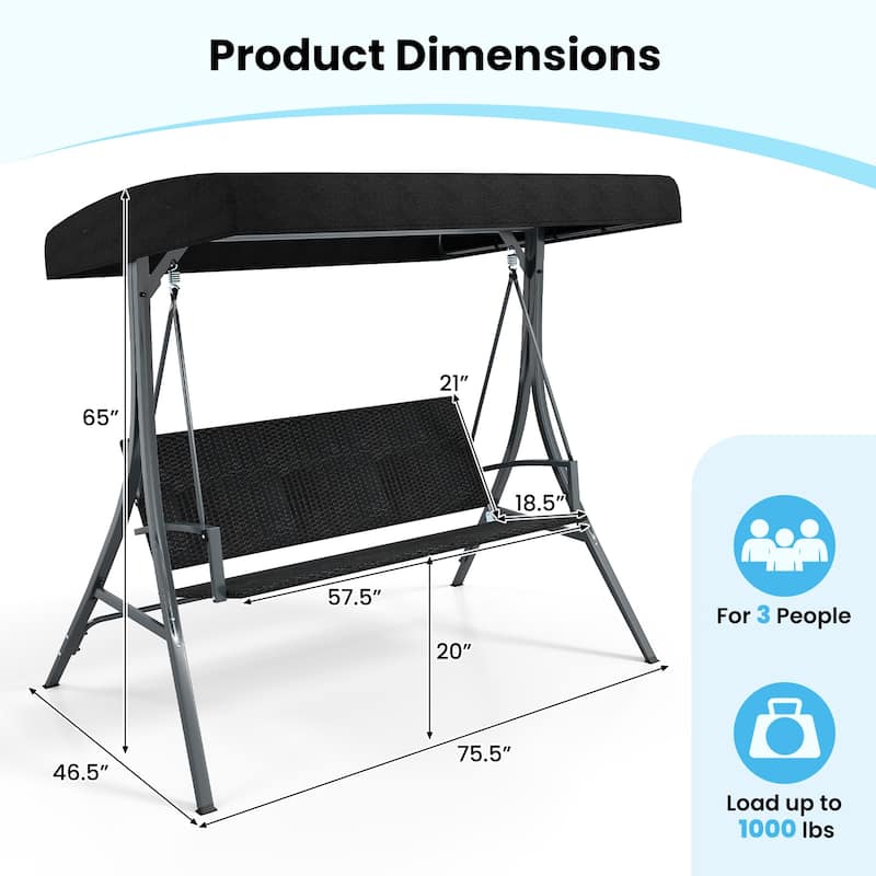3-Person Porch Swing with Stand Outdoor Canopy Swing with Rattan Seat Back-Black - Multi